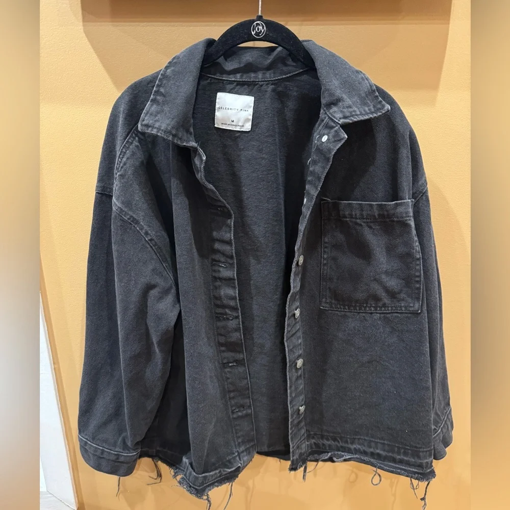 Celebrity Pink: Black Denim Frayed Hem Button-Up Women’s Jacket Size Medium - Picture 4 of 14